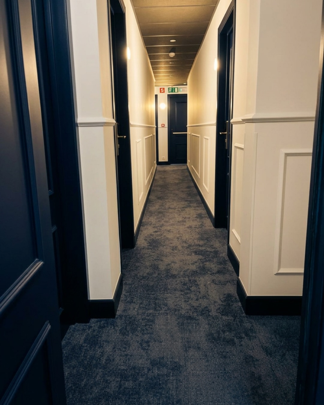 De gang van Hotel Marcel met blauwgrijs tapijt en lichte wandpanelen