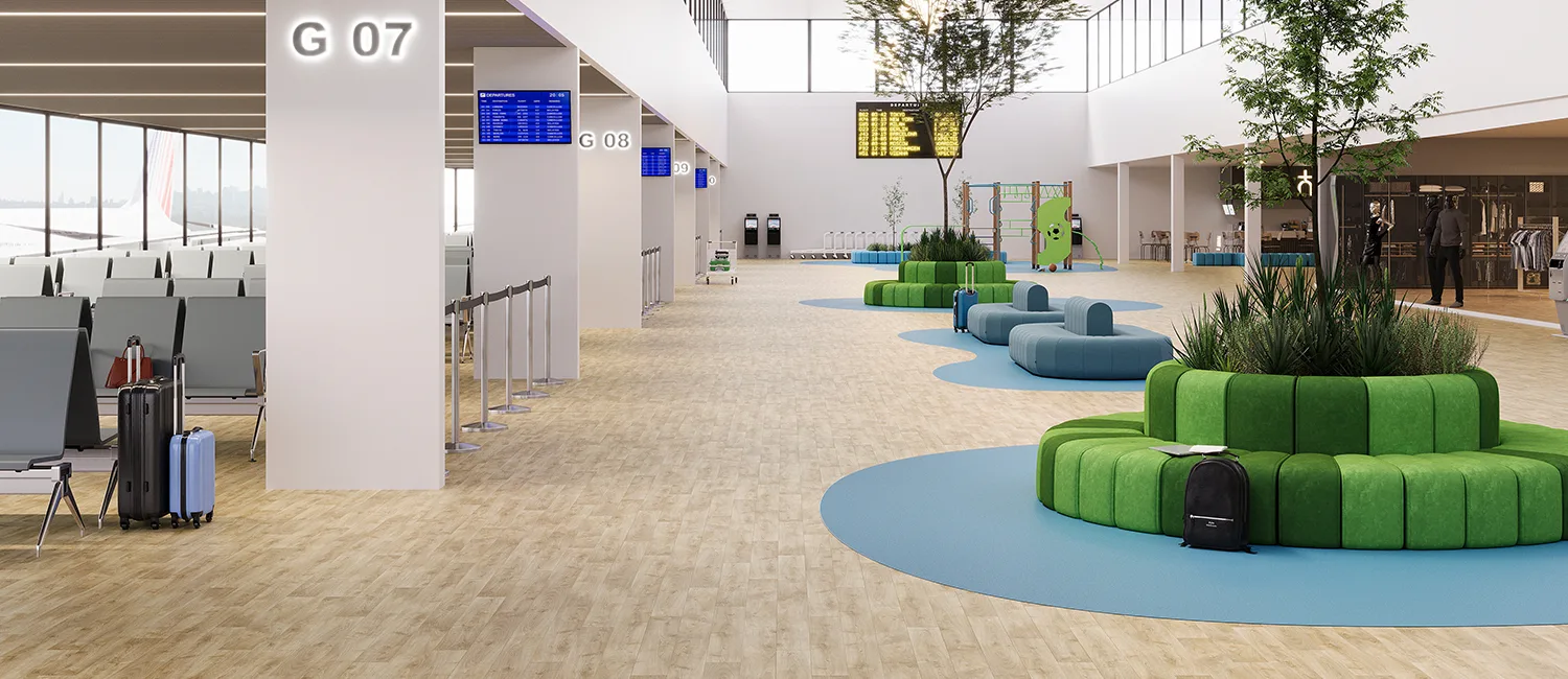 Luchthavenhal met een houtlookvloer, blauwe vloervlakken en groene zitbanken
